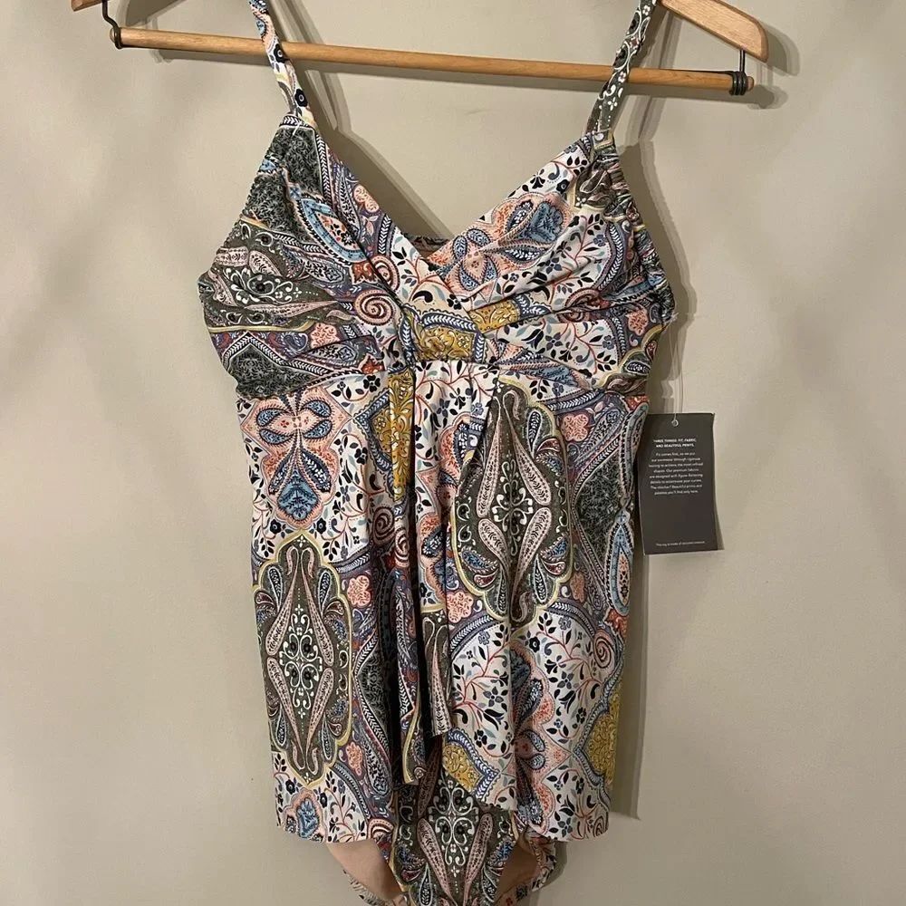 Garnet Hill Plus Ruched Overlay One Piece Swimsuit Rio Tile Print NWT Size 2